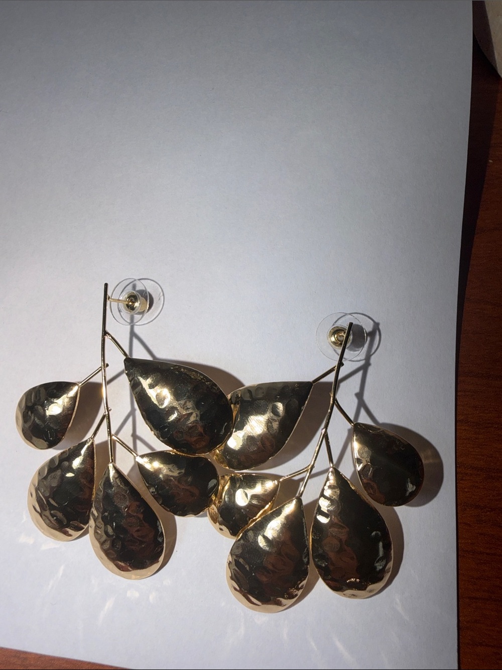 Gold Hammered Teardrop Branch Statement Earrings